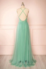 Party Dress Code, Sage Green V-Neck Tulle Long Prom Dress, Simple Backless Evening Dress