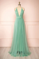 Party Dress Summer, Sage Green V-Neck Tulle Long Prom Dress, Simple Backless Evening Dress