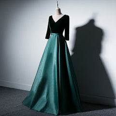 Prom Dresses Purple, Satin and Velvet Short Sleeves Prom Dress, A-line Green Party Dress