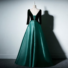 Prom Dressed Ball Gown, Satin and Velvet Short Sleeves Prom Dress, A-line Green Party Dress