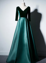 Prom Dresses For 2021, Satin and Velvet Short Sleeves Prom Dress, A-line Green Party Dress