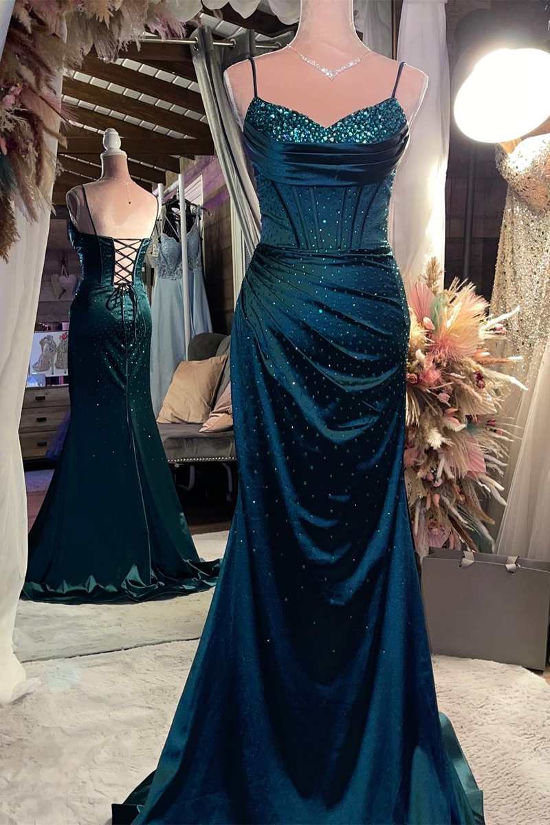 Formal Dress Stores, Satin Beaded V Neck Lace-Up Back Mermaid Long Formal Dress Maxi Event Dresses