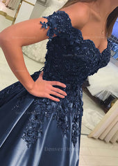 Evening Dress Cheap, Satin Court Train A-Line/Princess Sleeveless Off-The-Shoulder Prom Dress With Appliqued