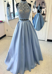 Party Dress For Couple, Satin Prom Dress A-Line/Princess High-Neck Long/Floor-Length With Lace