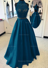 Classy Dress Outfit, Satin Prom Dress A-Line/Princess High-Neck Long/Floor-Length With Lace