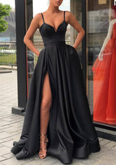 Party Dress Satin, Satin Prom Dress A-line/Princess Long/Floor-Length Sleeveless With Split Pockets