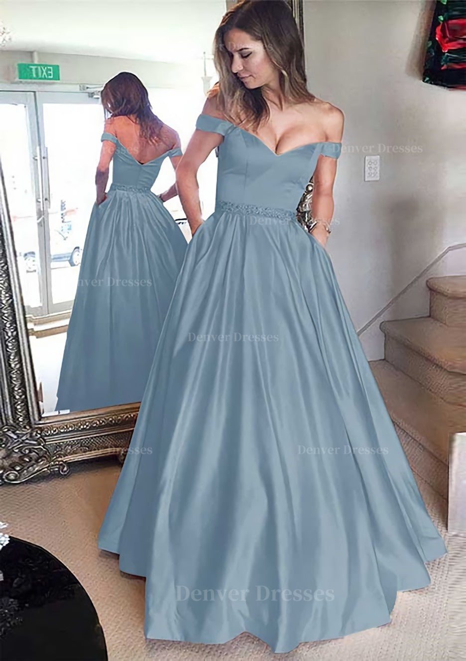 Formal Dresses Short, Satin Prom Dress A-Line/Princess Off-The-Shoulder Long/Floor-Length With Beaded