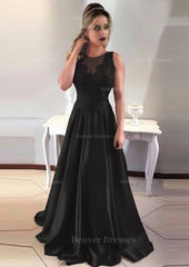Prom Dress Boutiques, Satin Prom Dress A-Line/Princess Scoop Neck Sweep Train With Appliqued