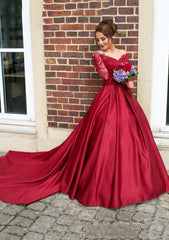 Bridesmaid Dress Designers, Satin Prom Dress Ball Gown V-Neck Cathedral Train With Lace