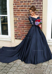Bridesmaids Dress Designs, Satin Prom Dress Ball Gown V-Neck Cathedral Train With Lace