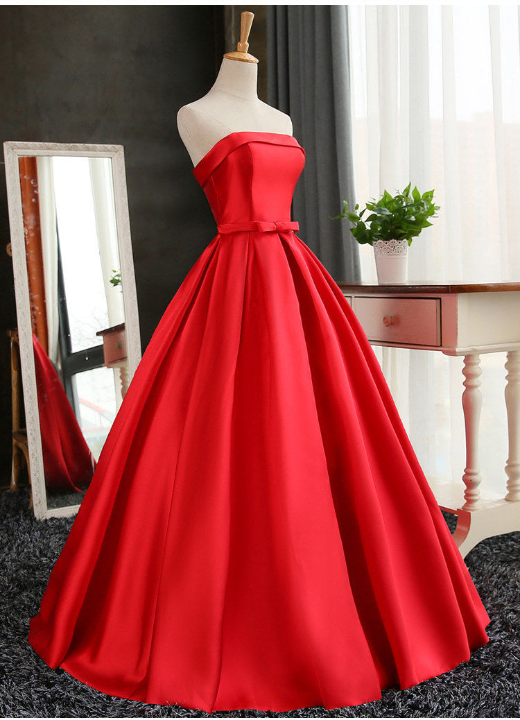 Bridesmaid Dress Long Sleeves, Satin Scoop Floor Length Ball Prom Dress , Dark Red Sweet 16 Gown