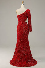 Formal Dress Long Gown, Scarlet Mermaid One Shoulder Satin Long Sleeve Silt Long Prom Dress