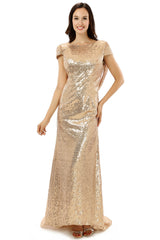 Mermaid Wedding Dress, Scoop Backless Floor-length Sparkle Sequins Champagne Prom Dresses