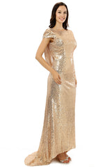 Spring Wedding, Scoop Backless Floor-length Sparkle Sequins Champagne Prom Dresses
