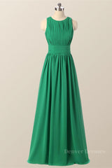 Evening Dress Modest, Scoop Green Pleated Chiffon A-line Long Bridesmaid Dress