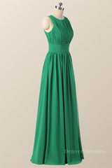 Evening Dress Long Sleeve Maxi, Scoop Green Pleated Chiffon A-line Long Bridesmaid Dress