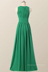 Evening Dress Maxi Long Sleeve, Scoop Green Pleated Chiffon A-line Long Bridesmaid Dress