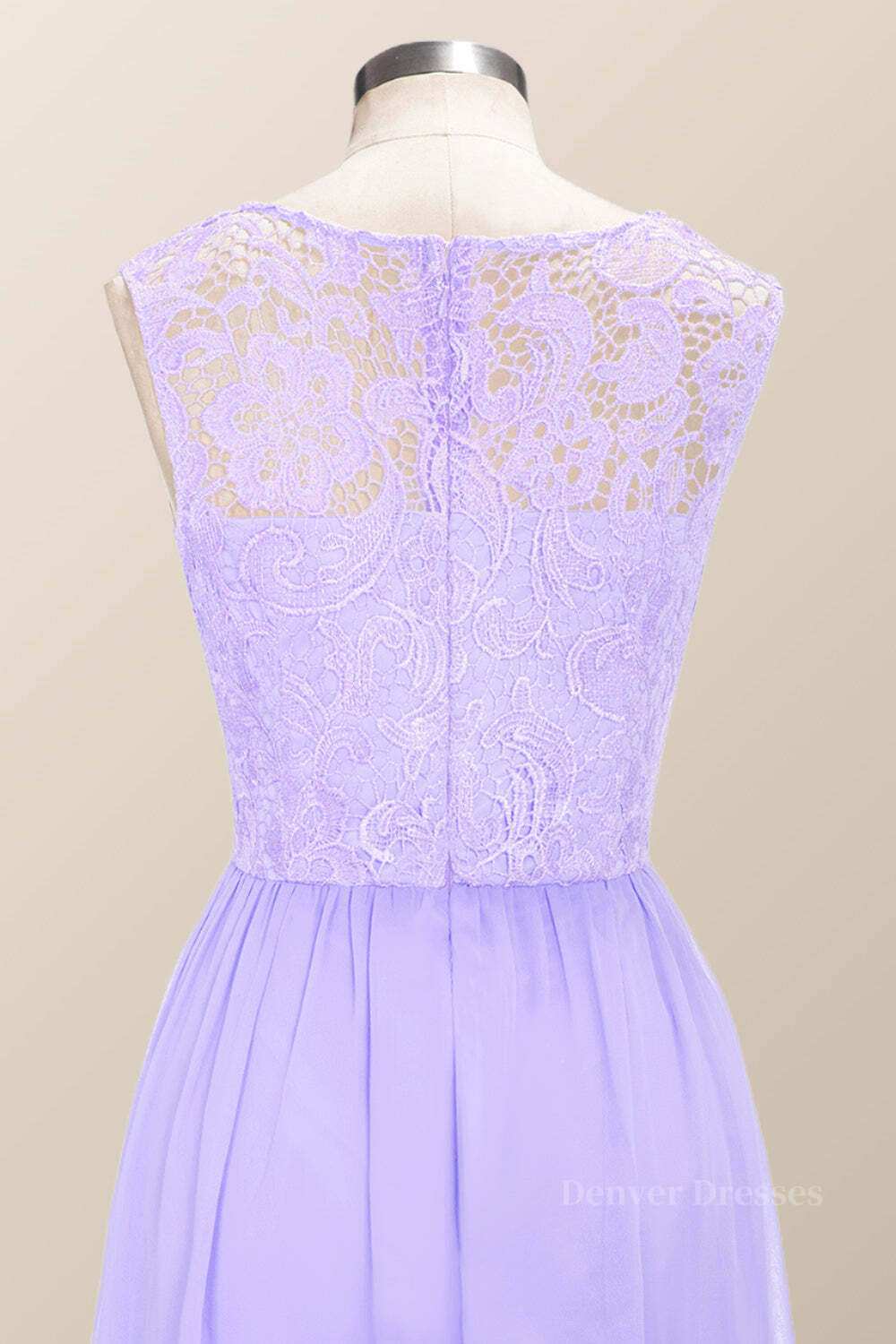 Party Dress For Girl, Scoop Lavender Lace and Chiffon Long Bridesmaid Dress