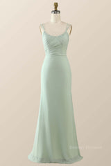 Party Dress Design, Scoop Mint Green Chiffon Pleated Long Bridesmaid Dress