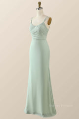 Party Dress Designs, Scoop Mint Green Chiffon Pleated Long Bridesmaid Dress