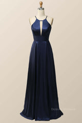 Prom Dressed Ball Gown, Scoop Navy Blue Halter Long Dress with Keyhole