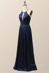 Prom Dresses Ball Gowns, Scoop Navy Blue Halter Long Dress with Keyhole