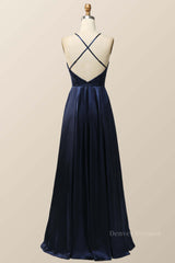 Prom Dresses Laced, Scoop Navy Blue Halter Long Dress with Keyhole