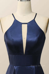 Prom Dresses Laces, Scoop Navy Blue Halter Long Dress with Keyhole