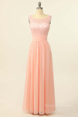 Formal Dress Prom, Scoop Pink Lace and Tulle A-line Long Bridesmaid Dress