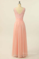 Formal Dresses Long Elegant, Scoop Pink Lace and Tulle A-line Long Bridesmaid Dress