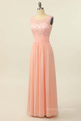 Formal Dress Long Elegant, Scoop Pink Lace and Tulle A-line Long Bridesmaid Dress