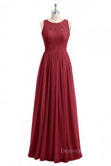 Homecoming Dress, Scoop Wine Red A-line Lace and Chiffon Long Bridesmaid Dress