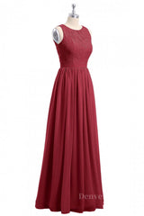 Satin Dress, Scoop Wine Red A-line Lace and Chiffon Long Bridesmaid Dress