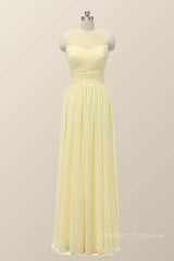 Bridesmaids Dress Fall, Scoop Yellow Chiffon Pleated Long Bridesmaid Dress