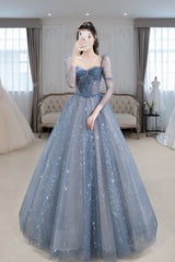 Prom Dresses With Shorts Underneath, Blue Sparkly Tulle Prom Dress with Long Sleeves, New Style Long Dress with Beading