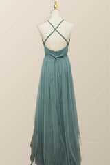 Homecoming Dresses Websites, Sea Glass Tulle Bridesmaid Dress with Cross Back