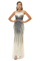 Evening Dress Lace, Sequin Bead Sleeveless High Neck Mermaid Prom Dresses