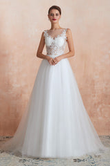 Wedding Dresse Vintage, Sequins White Tulle Affordable Wedding Dresses with Appliques