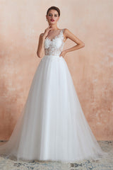 Wedding Dresses Vintag, Sequins White Tulle Affordable Wedding Dresses with Appliques