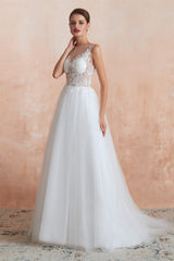 Wedsing Dress Vintage, Sequins White Tulle Affordable Wedding Dresses with Appliques