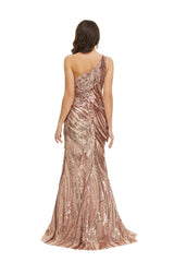 Homecomming Dresses Cute, Rose Gold One Shoulder with Side Slit Prom Dresses