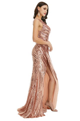 Homecoming Dresses Cute, Rose Gold One Shoulder with Side Slit Prom Dresses