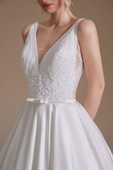 Wedding Dress With Pocket, V Neck Sleeveless Satin Handmade Back Wedding Dresses