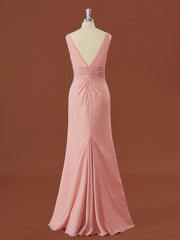 Prom Dresses For Short Girls, Sheath Chiffon V-neck Pleated Floor-Length Bridesmaid Dress