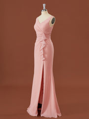 Prom Dress For Short Girl, Sheath Chiffon V-neck Pleated Floor-Length Bridesmaid Dress