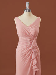 Prom Dresses For Short Girl, Sheath Chiffon V-neck Pleated Floor-Length Bridesmaid Dress