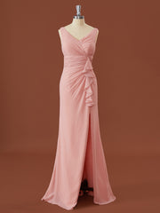 Prom Dress Gowns, Sheath Chiffon V-neck Pleated Floor-Length Bridesmaid Dress