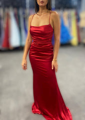 Bridesmaids Dress Purple, Sheath/Column Bateau Spaghetti Straps Long/Floor-Length Charmeuse Prom Dress With Pleated