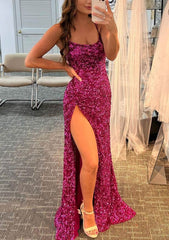 Bridesmaids Dress Blush, Sheath/Column Bateau Spaghetti Straps Long/Floor-Length Velvet Sequins Prom Dress With Split