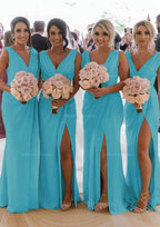 Homecomeing Dresses Long, Sheath/Column Cowl Neck Sleeveless Chiffon Bridesmaid Dresses With Pleated Split